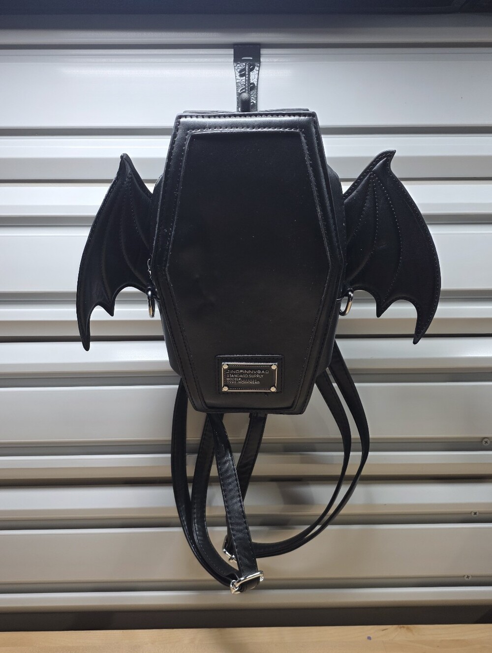 Goth Coffin Mini Backpack with Bat Wings - Convertible Strap Black PU Leather -